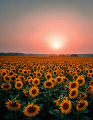 Obraz premium Golden Sunset Over Sunflower Field