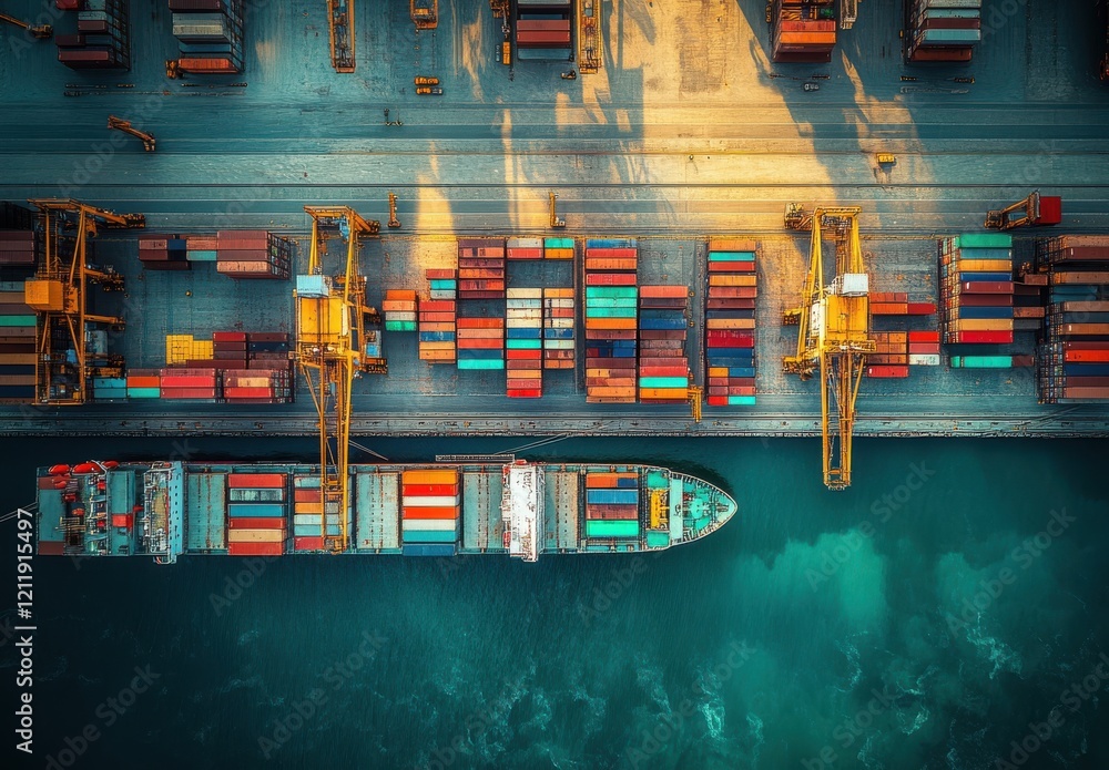 Poster container ship and loading cranes at a bustling port, showcasing vibrant shipping containers arrange
