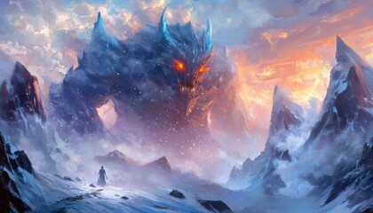 Fototapeta premium A lone figure faces a colossal ice monster in a snowy mountainous landscape