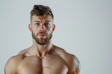 Fototapeta premium Fitness man displaying muscles on white background.