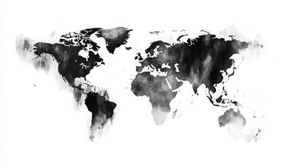 Grayscale world map, perfect for websites, education, travel, or political reports. Customizable geography silhouette. White background. 