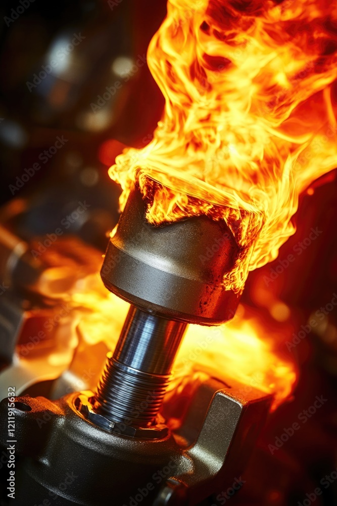 Poster a close-up view of a metal object engulfed in flames