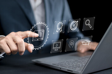 Learn to train in front of the computer. Internet e-learning lessons and online webinars People attending online lessons on digital screens Internet Technology Education Features.