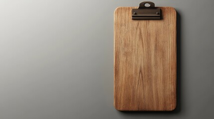 A 3D render of a clipboard with a wooden finish, placed against a solid soft grey background, with light coming from the top left creating soft highlights