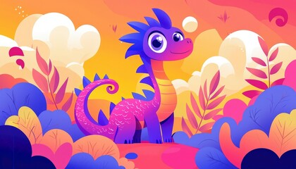 Obraz premium Adorable Purple Dragon in Vibrant Floral Landscape