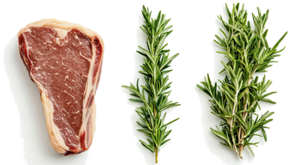 Raw Steak and Rosemary Sprigs on a Transparent Background Generative AI
