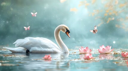 Graceful White Swan Surrounded by Vibrant Lotus Flowers Floating on the Surface of a Tranquil Pond Symbolizing Purity Harmony and Flourishing Abundance in Nature