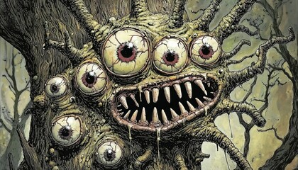 Fototapeta premium A grotesque tree monster with multiple eyes and sharp teeth