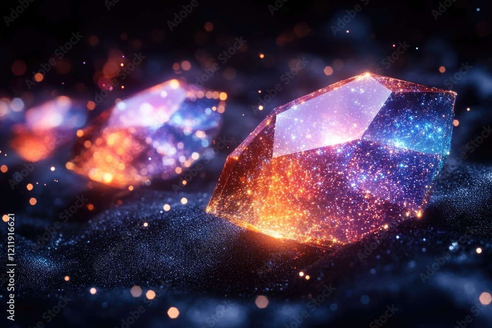 Poster close-up view of two crystals on a dark background