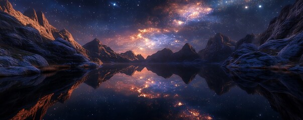 Naklejka premium A surreal digital art of a mirror-like lake surrounded by mountains reflecting a galaxy-filled night sky