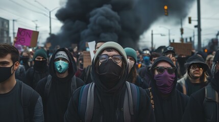 Group of masked protesters during a demonstration with rising smoke in the background, symbolizing social unrest.