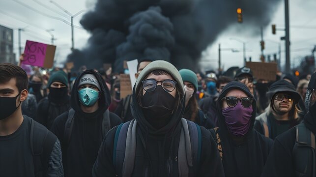 Group of masked protesters during a demonstration with rising smoke in the background, symbolizing social unrest.