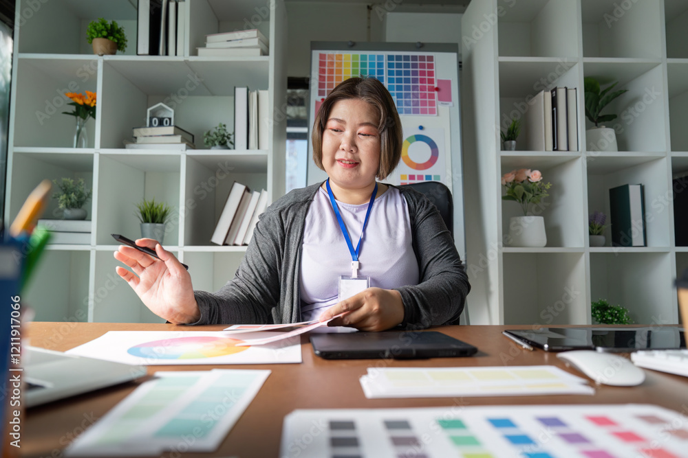 Aufkleber graphic designer presenting color scheme options while sitting at her desk in a modern creative work