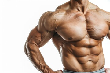 Fototapeta premium Fit man displaying muscles on white background.