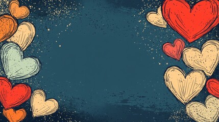 Hand-drawn hearts with banner copy space. Vector template