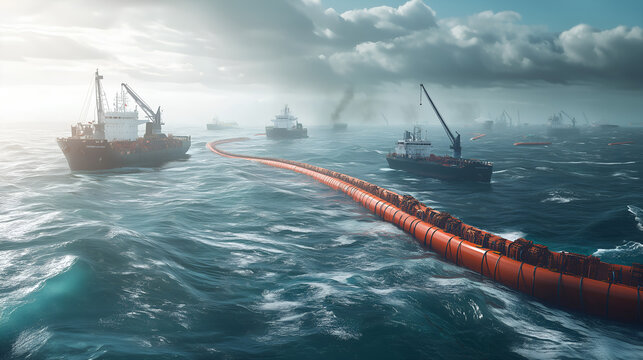 Large ships conducting an ocean cleanup operation with floating barriers, highlighting environmental restoration.
