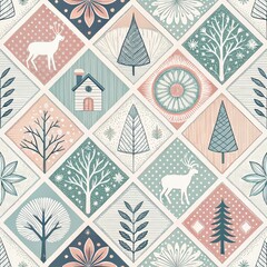 Seamless Winter Pattern Cozy Cottage Reindeer Trees Floral Design Patchwork Style