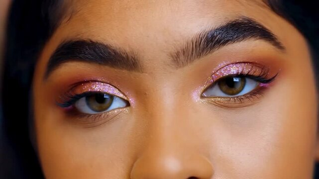 Bright Makeup Application Featuring Vibrant Lip Color and Shimmering Eyeshadow