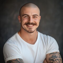 Fototapeta premium A smiling man with a tattoo on his arm, perfect for use in personal or commercial projects