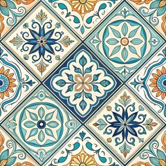 Seamless Pattern of Ornate Blue and Orange Floral Tiles Vintage Moroccan Style Design Background