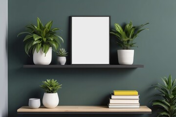 Minimalistic home decor of interior with poster frame, Charcoal shelf with book