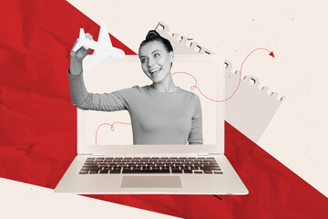 3d sketch poster trend collage image of happy businesswoman peek laptop screen hold plane startup...