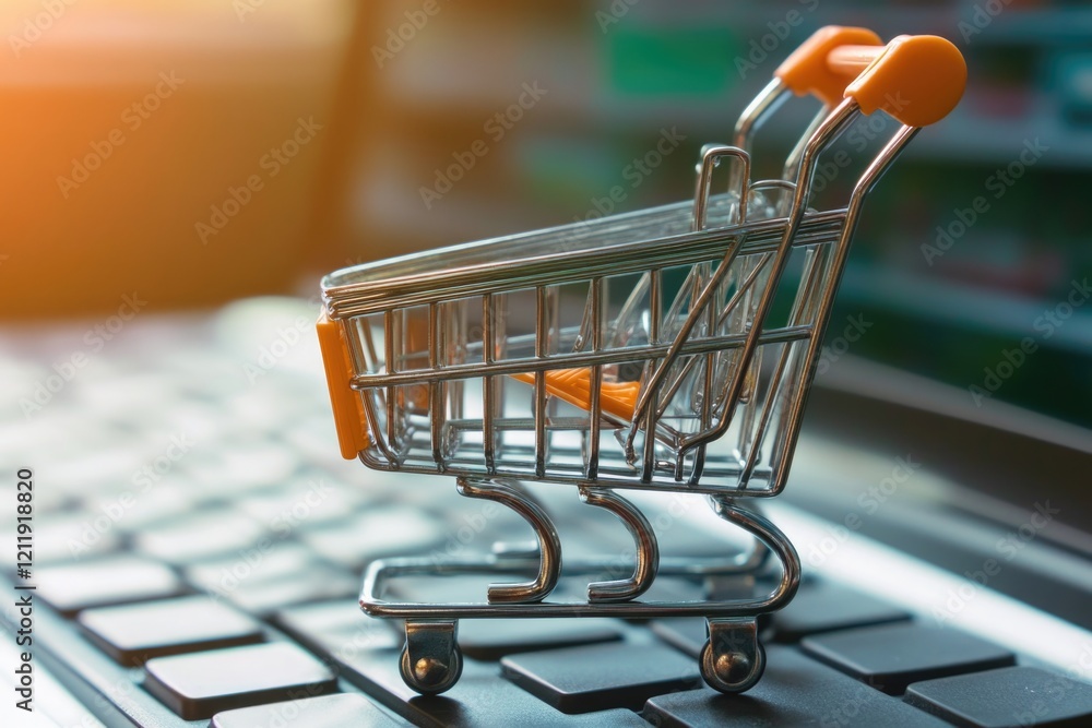Poster a shopping cart sitting on top of a laptop keyboard, with digital icons and keys visible