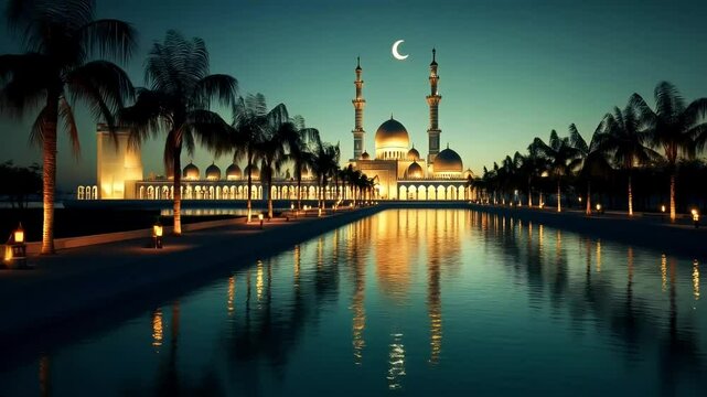 Tranquil evening scene with illuminated mosque reflecting in calm waters surrounded by palm trees under crescent moonlight