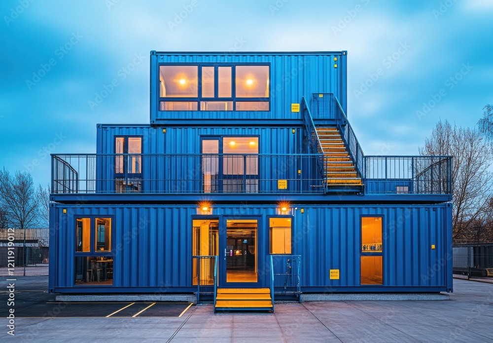 Poster modern blue shipping container building with staircase and large windows, rectangular structure with