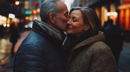 Fototapeta premium A romantic moment between two people captured on a busy city street