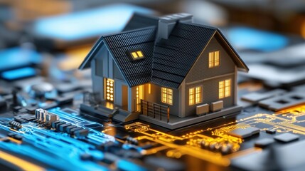 Model house on a microchip with illuminated windows and glowing circuits demonstrates the fusion of technology and home design
