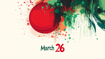 Abstract illustration with red and green paint splashes symbolizing the Bangladesh flag, highlighting March 26 for Bangladesh Independence Day.