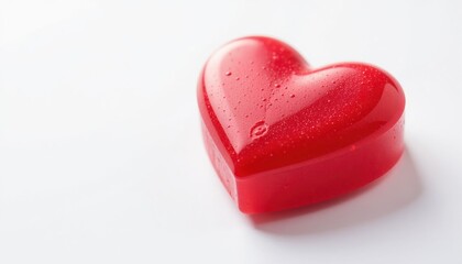 Obraz premium Red heart-shaped object with water droplets on a white background, love concept.