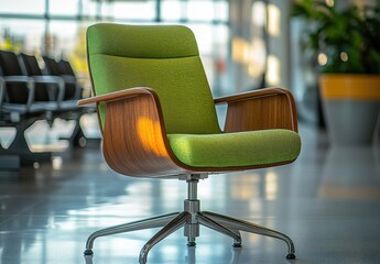 Fototapeta premium Modern Green Upholstered Chair with Wooden Armrests in a Bright Spacious Environment, Ideal for Stylish Interior Design and Comfortable Seating Solutions