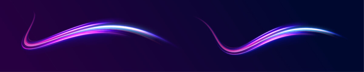 Magic bright shine glow of energy lines, shiny swirl power waves flow, electric trail glowing. Abstract neon light motorway background. Light arc in neon colors, in the form of a turn. 