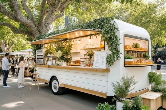 Modern coffee and pastry food truck enhances corporate event atmosphere with minimalistic design