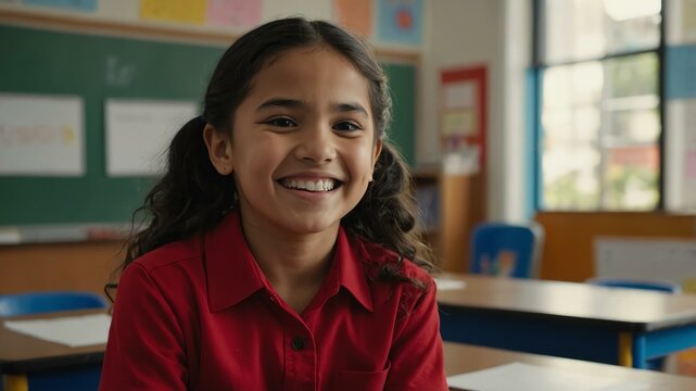 kid hispanic female in red shirt on classroom model portrait giggling for ad concept space for text