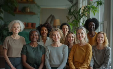 Diverse women sharing menopause experiences in a supportive community center setting