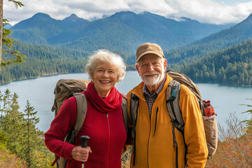 Elderly couple enjoys a scenic lakeside walk with trekking poles while appreciating nature's beauty and staying active outdoors