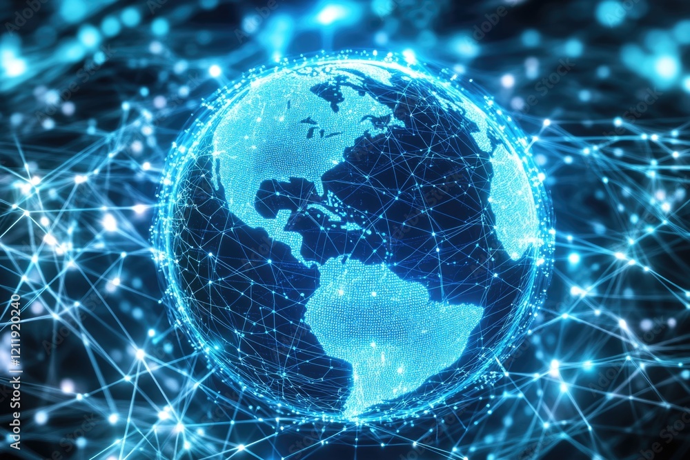 Poster a close-up of a blue globe surrounded by lines and dots, suitable for use in illustrations about tra