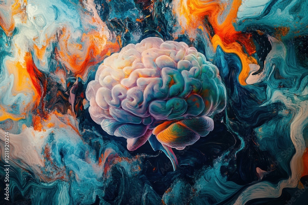 Poster vibrant abstract representation of a brain surrounded by colorful swirling patterns
