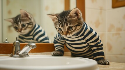 A cute kitten wearing a striped shirt leaning over a bathroom sink, creating a playful and curious scene.