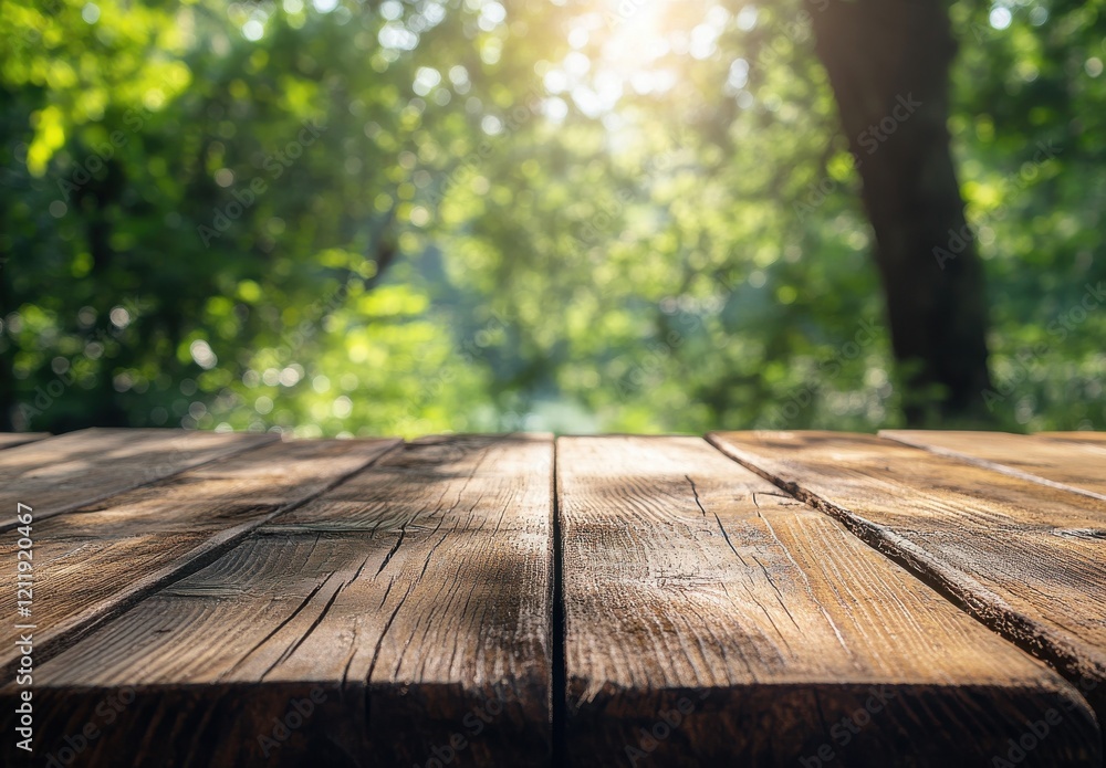 Poster Rustic Wooden Table Surface in a Lush Green Forest with Soft Sunlight Filtering Through Trees Creating a Tranquil Outdoor Atmosphere