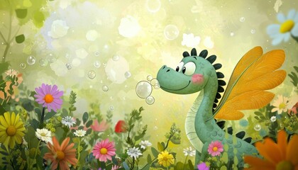 A Friendly Green Dragon Blows Bubbles In A Flower Garden