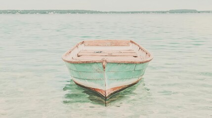 Naklejka premium Calm lake, old boat, tranquil scene, summer day, nature backdrop, peaceful travel