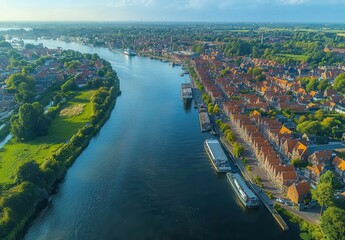 Scenic Aerial View of a Tranquil River Surrounded by Charming Houses and Lush Greenery in a Picturesque Town during a Clear Day