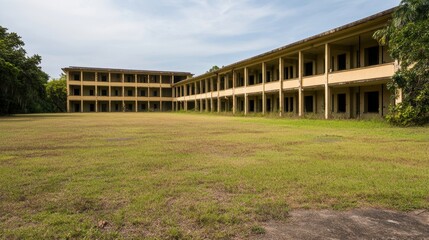 Obraz premium Overgrown ivycovered courtyard of a dilapidated twostory abandoned building