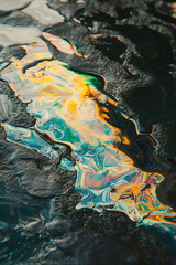Fototapeta premium Close-up of colorful oil spill patterns on a wet surface, symbolizing pollution and environmental harm.