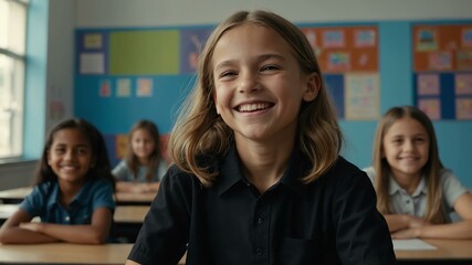 Obraz premium kid caucasian female in black shirt on classroom model portrait giggling for ad concept space for text