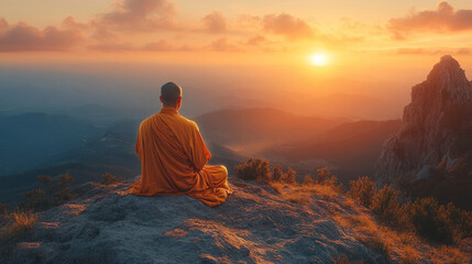 Obraz premium A Buddhist monk praying alone on a mountain peak at sunrise, symbolizing solitude and connection